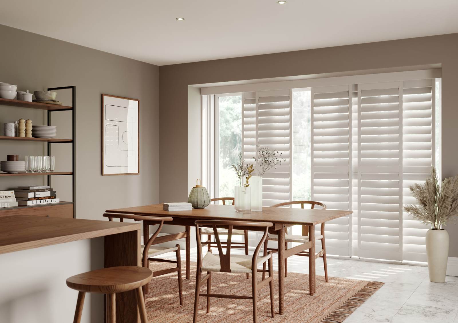 Bypass track shutters in traffic white sliding across wide dining room doors