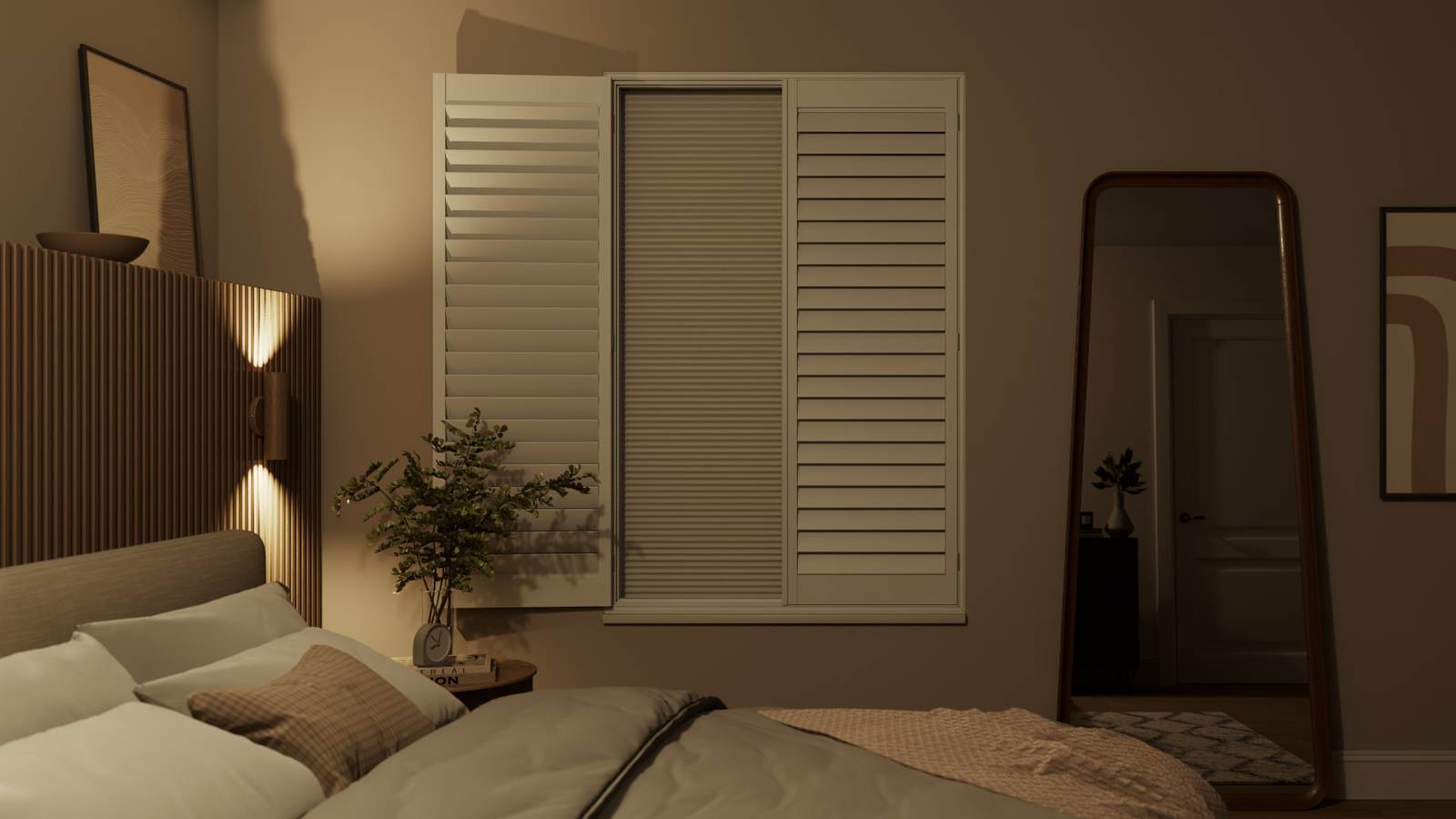 Bedroom at night with shutter panels closed and the blackout blind fully down