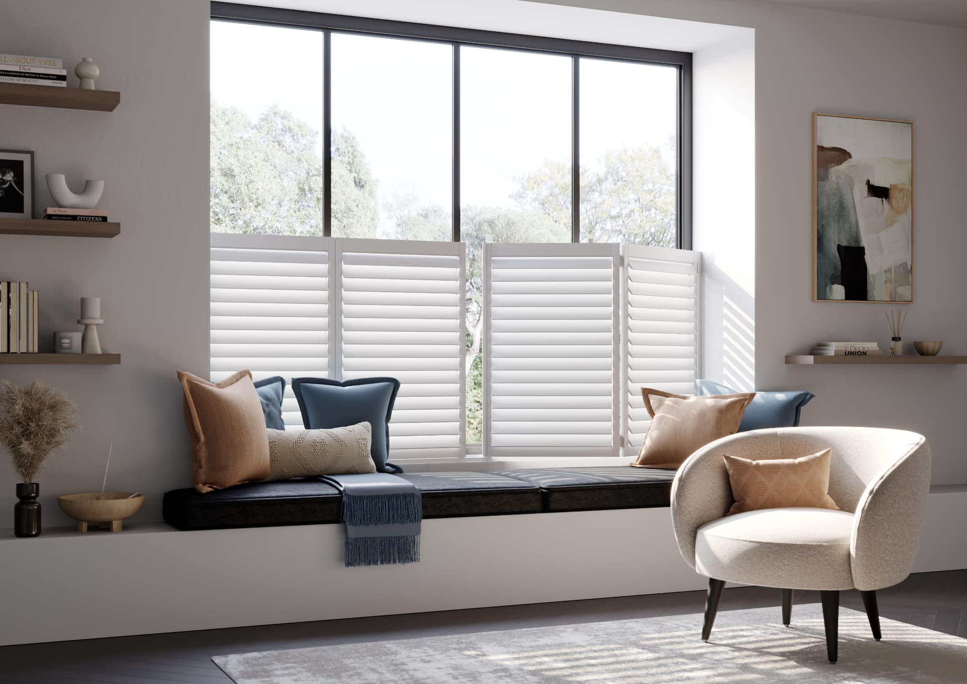 White café style shutters across a wide window seat in a living room