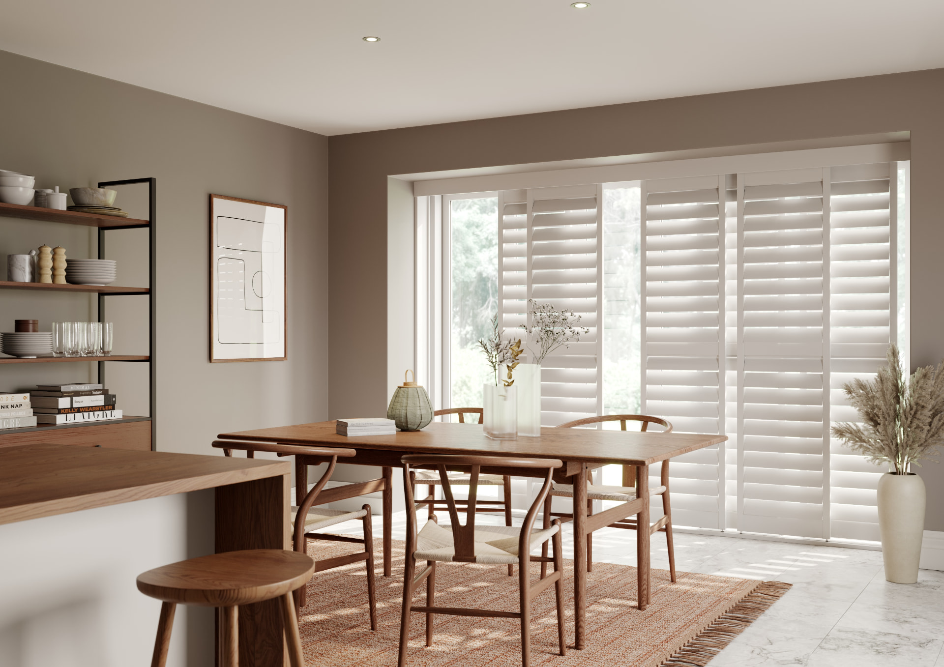 By-pass track shutters across a dining room opening