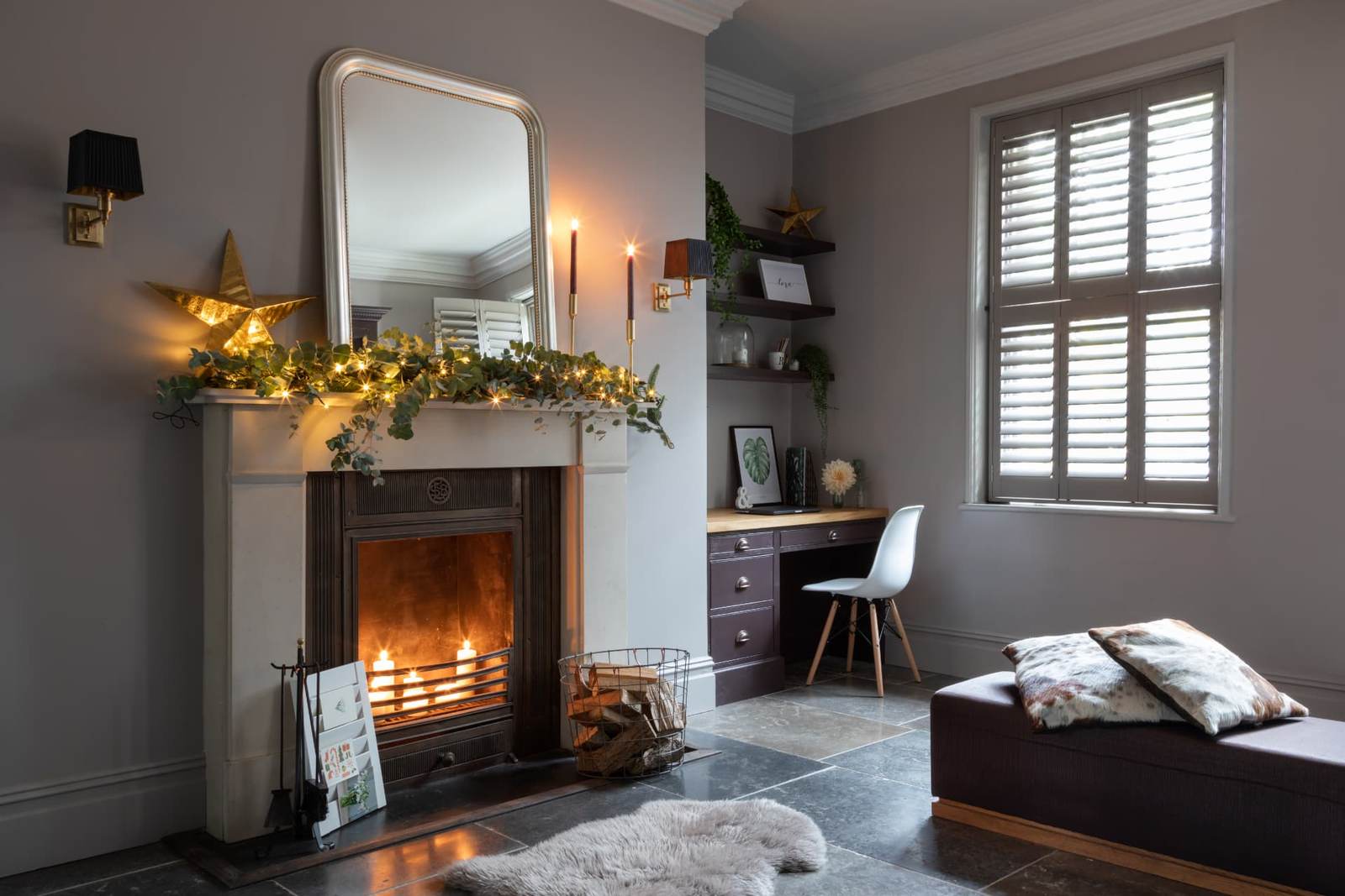 Closed shutters in a winter living room