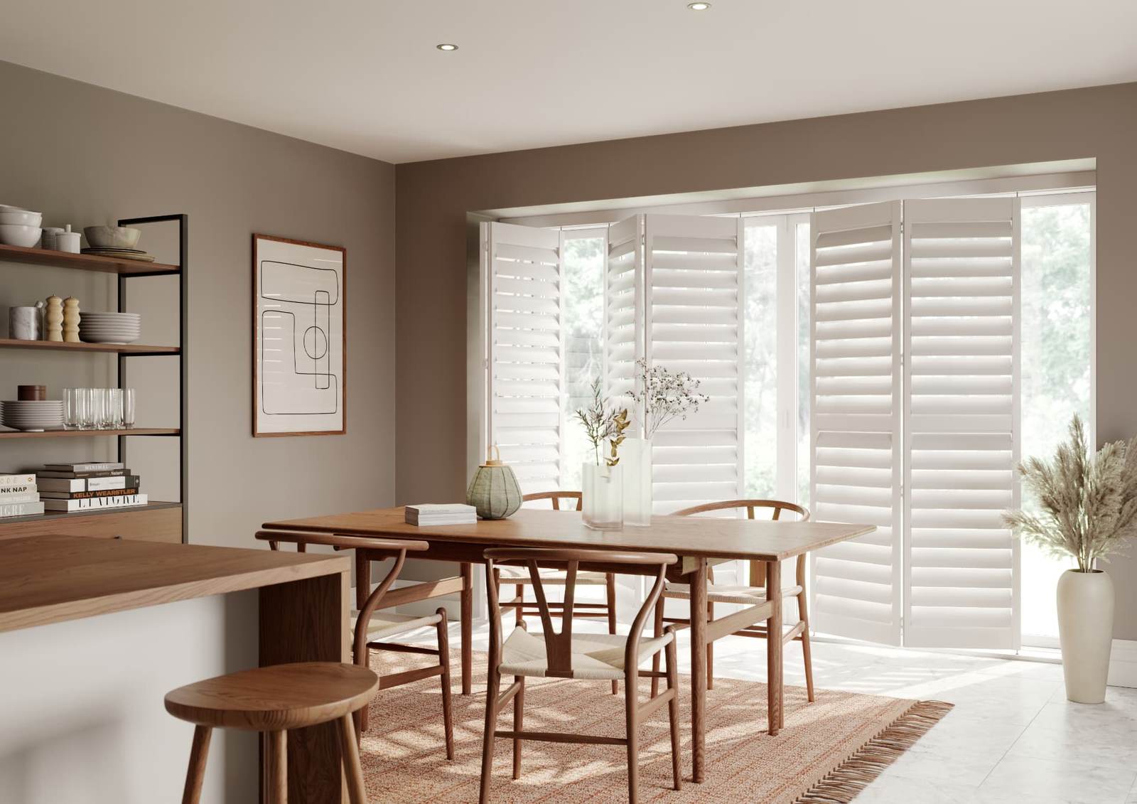 Free-moving bi-fold shutters in traffic white folded open in a dining room