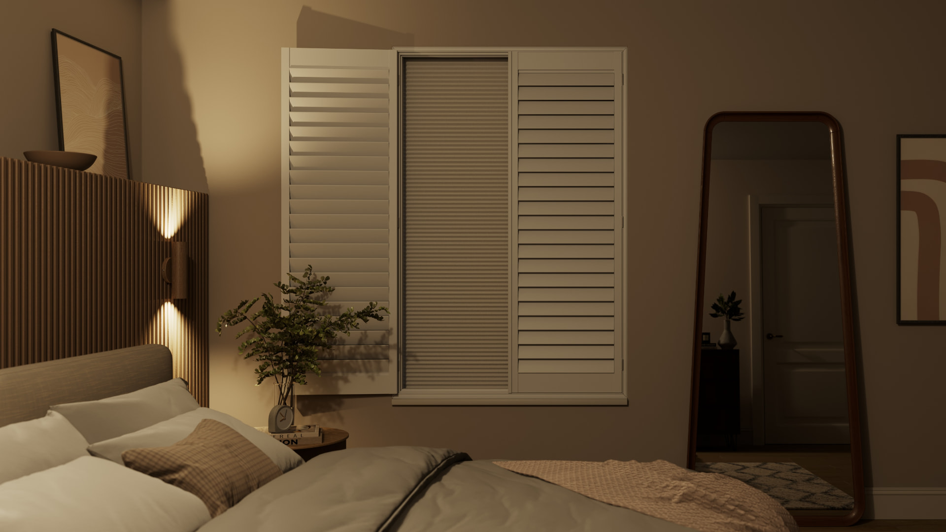 Bedroom at night with shutter panels closed and the blackout blind fully down