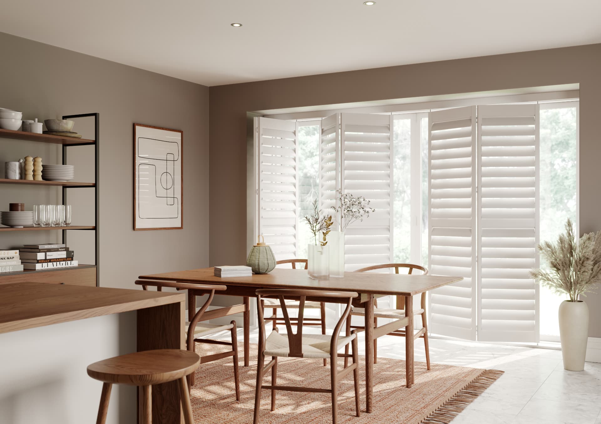 Free-moving bi-fold shutter panels in a dining room