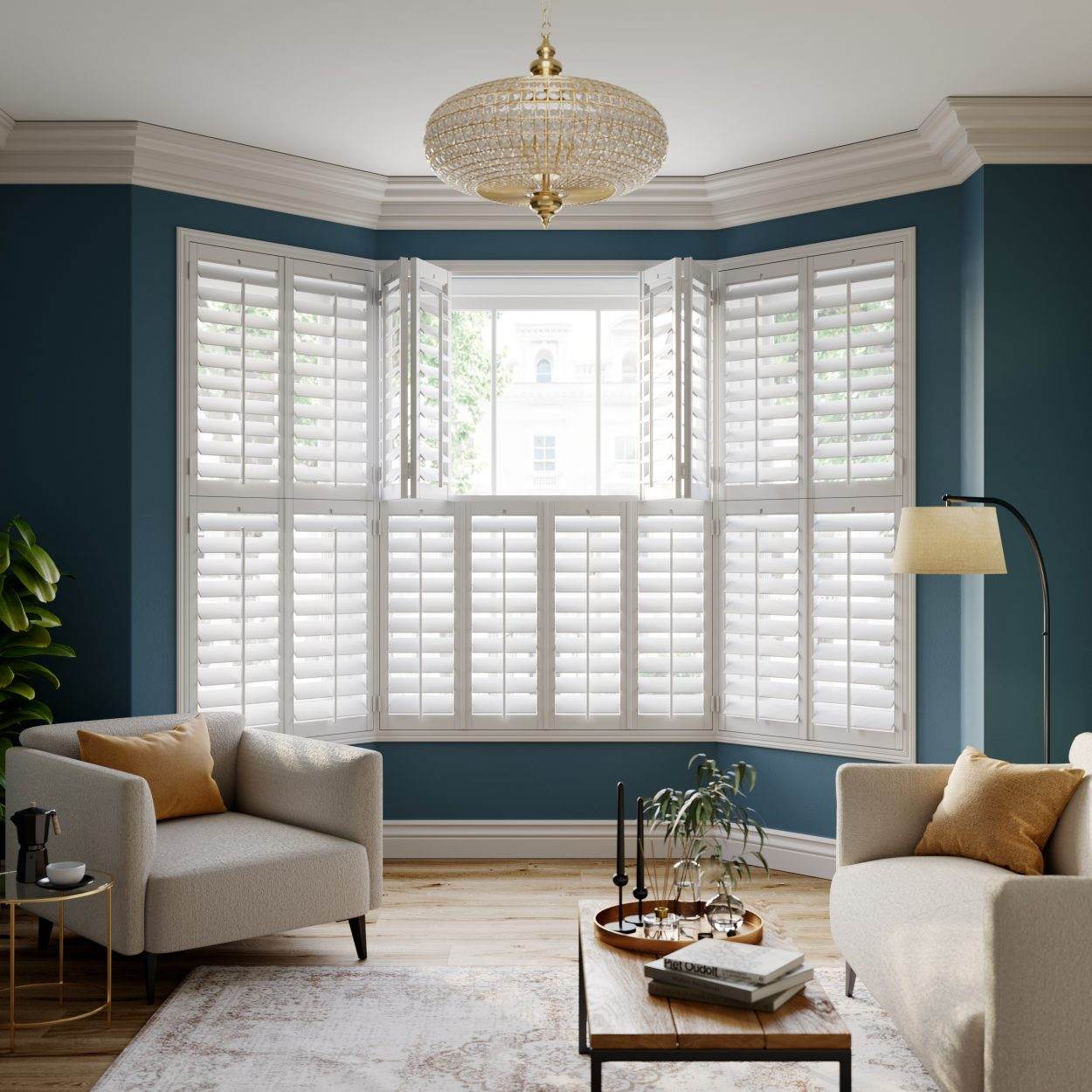 White full height shutters with 64mm louvres in a sage green sitting room