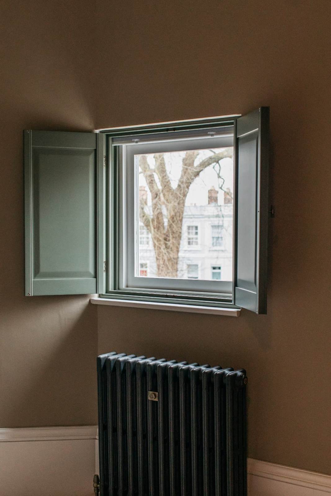 Sage green solid raised panel shutters open with the blind raised