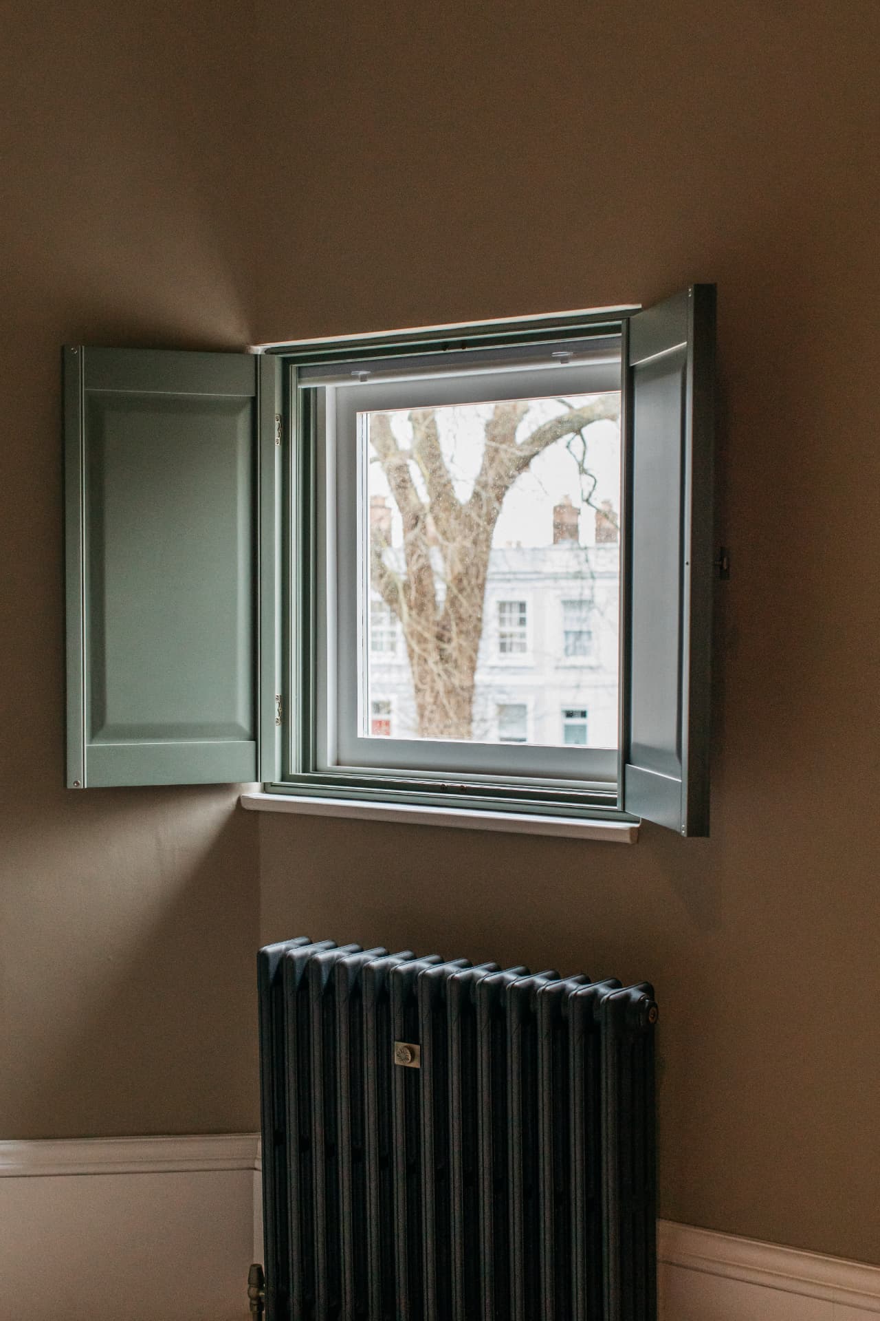 Sage green solid raised panel shutters open with the blind raised