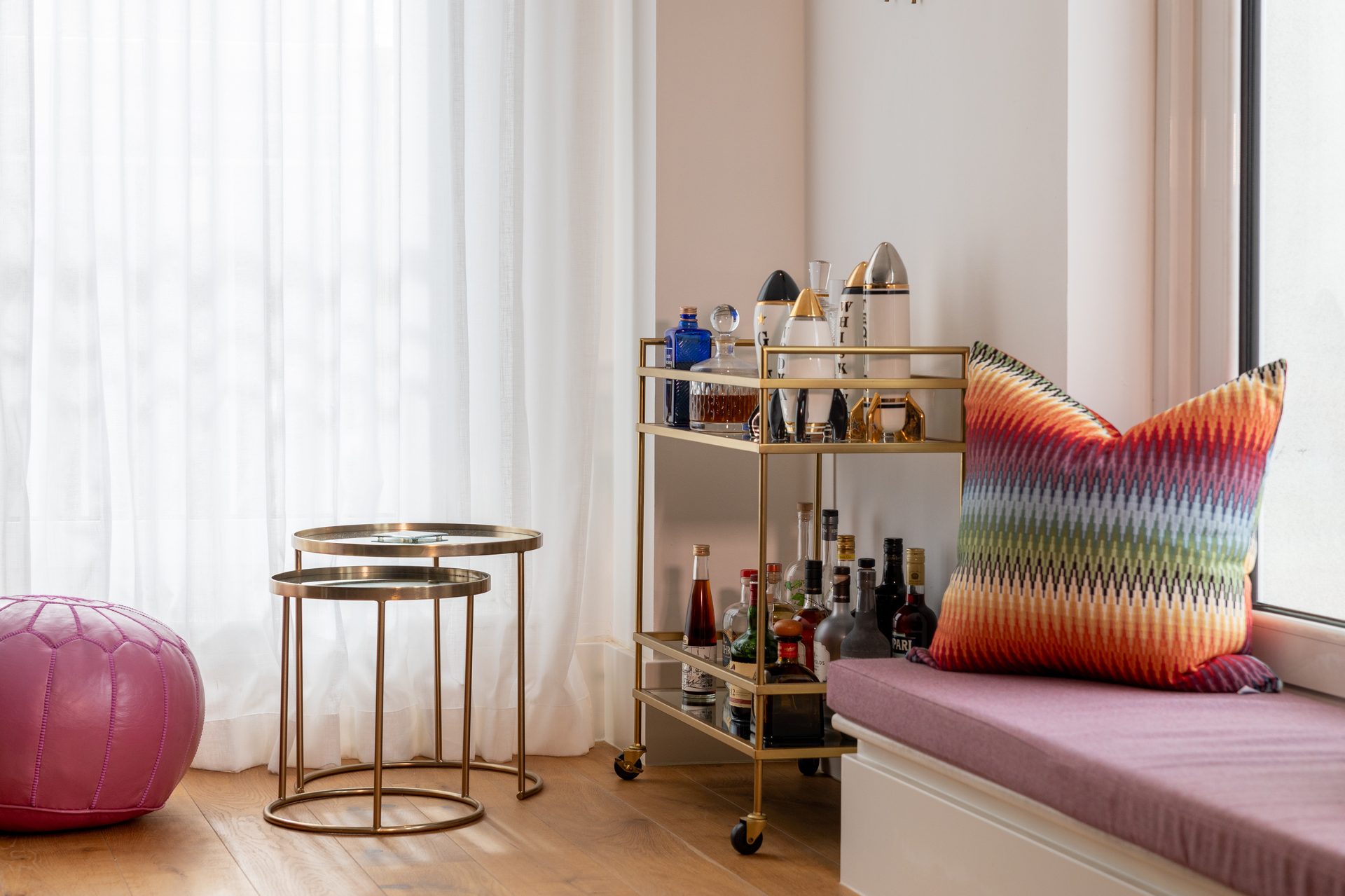 Cream curtains with a gathered heading in a living room