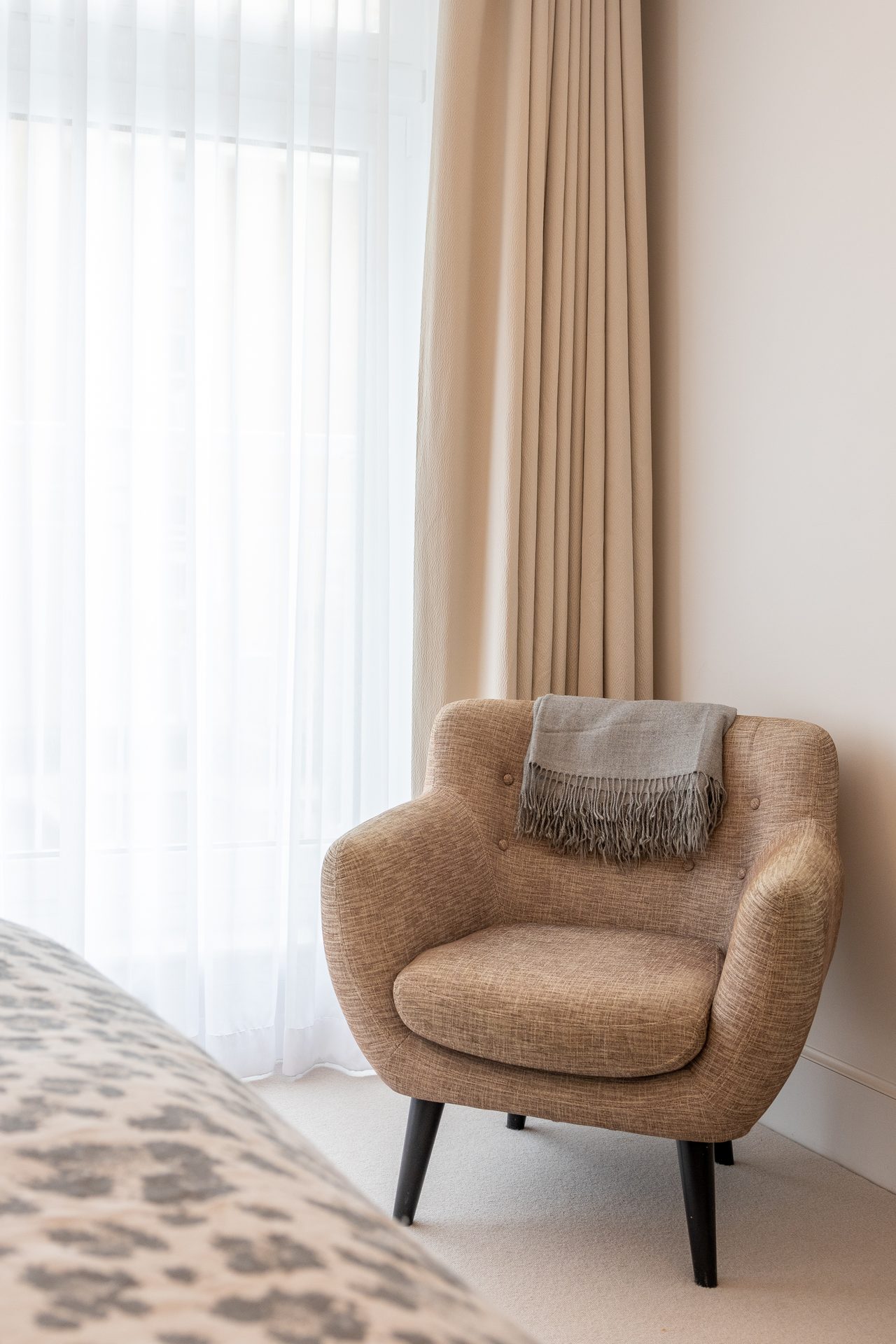 Bedroom curtains and bedside lighting